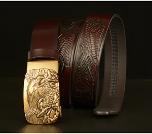 Men's leather belt with retro eagle automatic buckle, detailed embossed casual jeans belt for men.