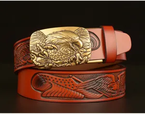 Detailed shot of retro embossed cowhide leather belt featuring a fierce eagle automatic buckle.