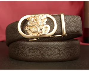 Detailed view of men's genuine leather automatic belt with dragon and fortune buckle.