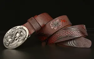 Embossed dragon leather belt for men, vintage style cowhide belt with silver buckle.