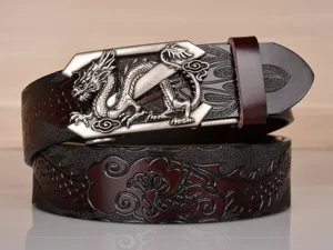 Men's leather belt with retro dragon embossed pattern and metallic automatic buckle.
