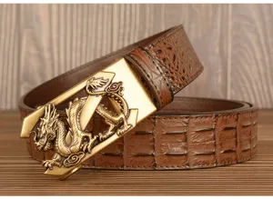 Men's brown leather belt featuring golden dragon buckle and crocodile texture strap.