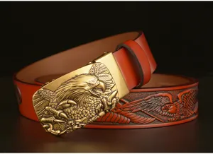 Retro carved leather belt with eagle automatic buckle for men casual jeans waist belt