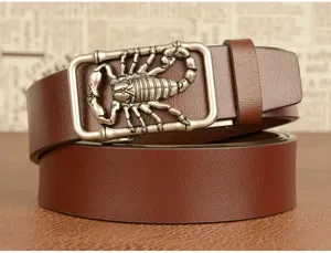 Men casual brown leather belt with scorpion automatic metal buckle fashion accessory