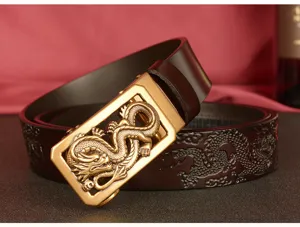 Men's leather belt with golden dragon auto buckle and embossed strap for fashion daily wear.