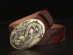 Men vintage leather belt with intricate dragon buckle and embossed dragon scale strap.