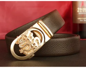 Mens genuine leather belt with luxury automatic metal buckle, casual business style.