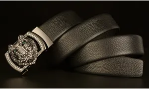Men black leather belt with rhinestone tiger head automatic buckle detailed view style.