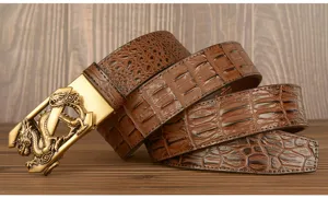 Men's brown crocodile pattern leather belt with gold dragon automatic buckle for men.