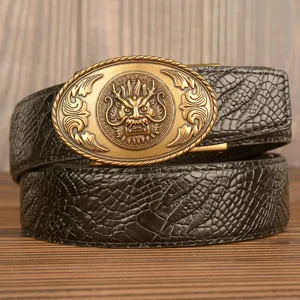 Men Leather Belt Automatic Buckle Retro Dragon Head Embossed Crocodile Pattern Business Casual Waist Belt