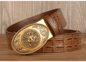 Men tactical leather belt detail, vintage dragon automatic metal buckle, crocodile pattern strap.