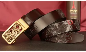 Men's genuine leather automatic buckle belt with embossed dragon pattern, brown stylish dress belt.