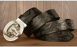 Men's black leather belt with rhinestone bull head buckle, stylish automatic belt for casual wear.