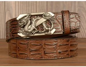 Men's crocodile pattern leather belt detail shot featuring unique metallic dragon buckle design.