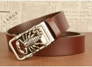 Men's brown leather belt with retro scorpion buckle stylish alloy casual trousers strap