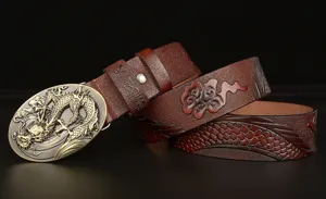 Men vintage genuine leather belt with embossed dragon buckle and traditional carved patterns.