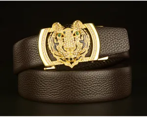 Close-up of luxury men leather belt featuring a dazzling rhinestone tiger head automatic buckle.