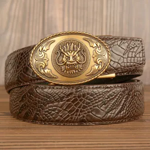 Men casual retro leather belt dragon metal buckle top layer cowhide business waist belt