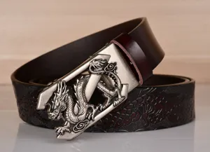 Men's leather belt with embossed dragon pattern and metal automatic buckle for jeans.