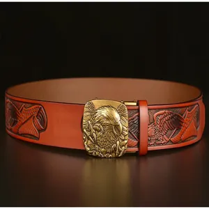 Vintage leather belt for men with retro brass eagle automatic buckle and embossed wings.