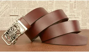 Men casual leather belt with cool scorpion automatic buckle, high quality brown cowhide strap.