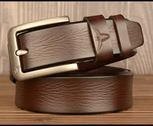 Men's genuine cowhide leather casual belt featuring durable metallic pin buckle and bull logo.