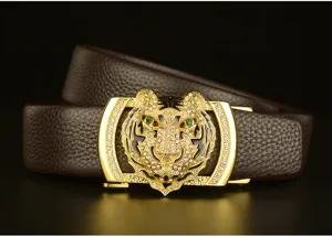 Men's leather belt with rhinestone zodiac tiger head automatic buckle detail view.