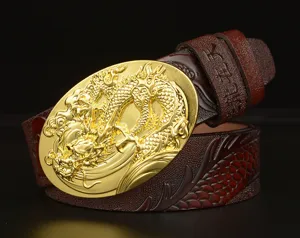 Men's genuine leather belt with metallic gold dragon buckle and embossed Chinese style strap.