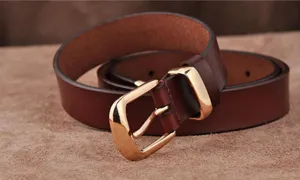 Classic brown leather belt for women with polished gold buckle versatile casual jeans accessory