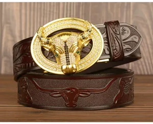 Detailed view of luxury men's cowhide leather belt featuring a dazzling rhinestone bull head buckle.