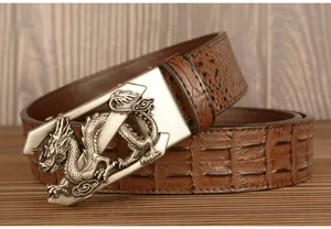 Men's automatic buckle leather belt with stylish crocodile pattern and metal dragon buckle.