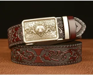 Men's casual leather belt featuring automatic buckle and embossed wolf head vintage design.