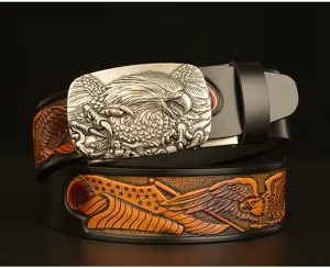 Vintage carved cowhide leather belt for men with eagle automatic buckle. Perfect for casual jeans.