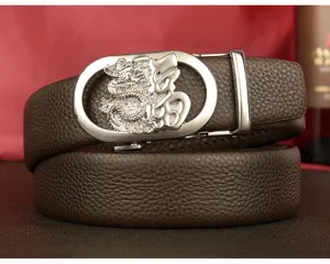 Men automatic buckle leather belt with dragon and lucky character design for casual wear jeans.