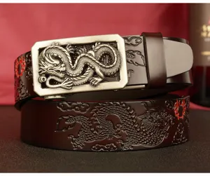 Men's genuine leather automatic buckle belt with exquisite 3D embossed dragon pattern design.