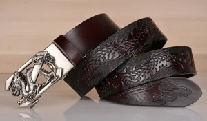Men vintage brown leather belt with embossed dragon pattern and silver automatic buckle.