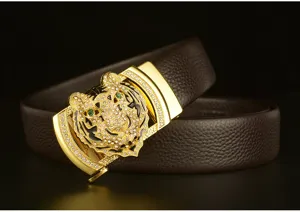 Men genuine leather belt featuring a luxury rhinestone paved tiger head automatic metal buckle.