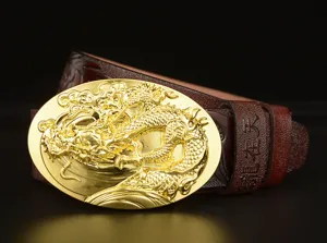 Close-up detail showcasing the luxury gold dragon relief belt buckle mounted on a dark leather strap.