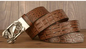 Men's automatic buckle leather belt with crocodile pattern and detailed dragon metal buckle.