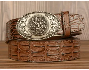 Detail shot of men's retro dragon buckle leather belt with crocodile pattern texture.