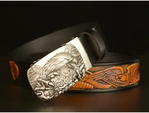 Men's vintage cowhide leather belt with metallic eagle relief automatic buckle casual jeans