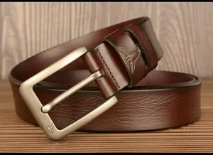 Men's genuine leather casual belt with metal pin buckle and stylish bull head loop.