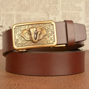 Men's brown leather belt with vintage bronze elephant embossed automatic buckle for casual wear