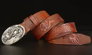 Vintage dragon embossed genuine leather men belt ethnic style casual jeans belt with metal buckle