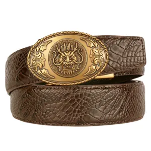 Men's retro automatic buckle cowhide leather belt with dragon relief buckle design.