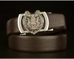 Men's luxury genuine leather belt with sparkling rhinestone tiger head auto buckle.