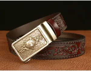 Men's automatic buckle leather belt with carved wolf head and embossed floral pattern.