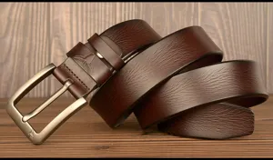 Men casual genuine cowhide leather belt with metal pin buckle and bull logo for daily jeans wear.