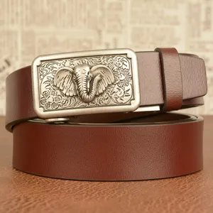 Men brown leather belt with metal elephant relief automatic buckle for casual daily wear main view.