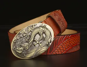Detailed close-up shot of men's embossed dragon pattern leather belt featuring an antique metallic buckle.
